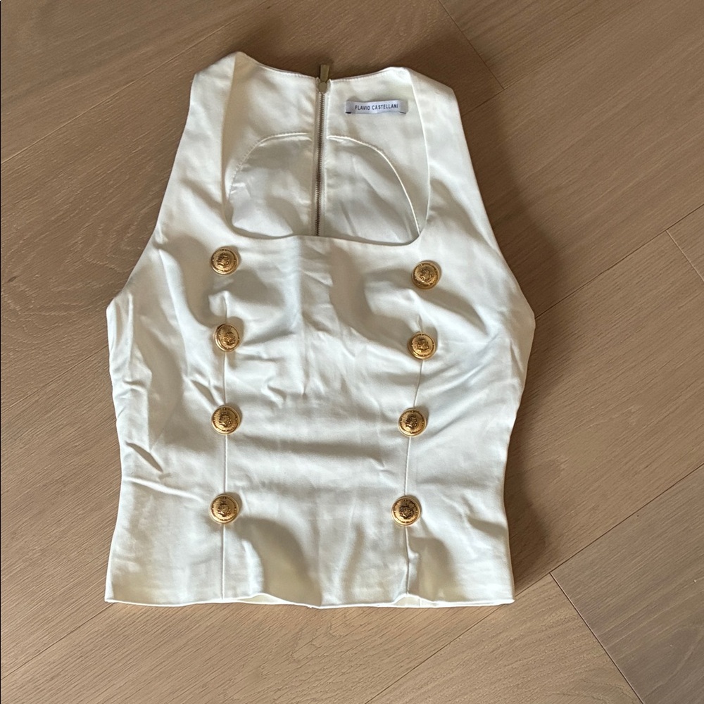 Elegant White Sleeveless Top with Gold Accents